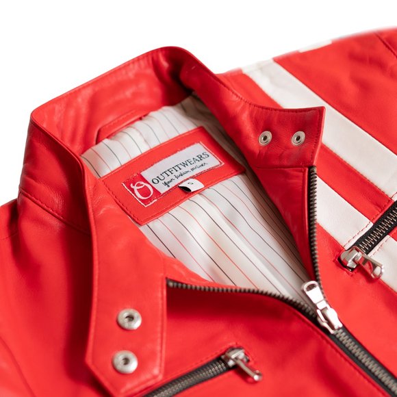 Designer Red Leather Racer Jacket - Picture 3 of 8